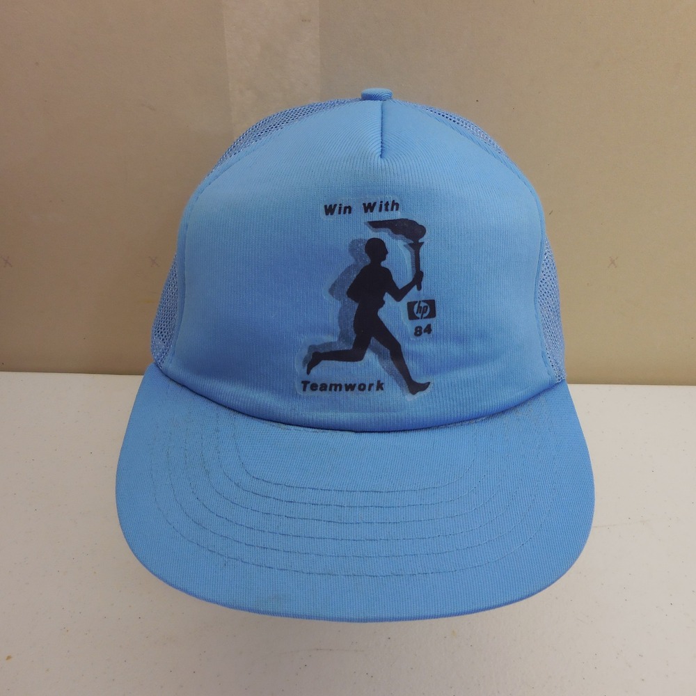 Vintage JanSport HP 84 LA Olympics Win With Teamwork‎ Trucker Hat Blue Snapback